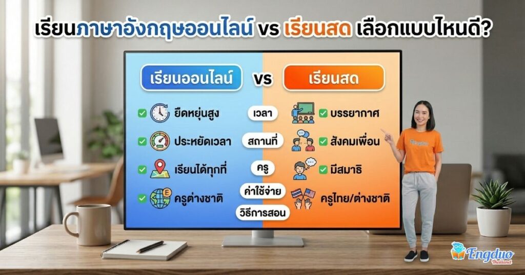 เรียนภาษาอังกฤษออนไลน์ vs เรียนสด เลือกแบบไหนดี