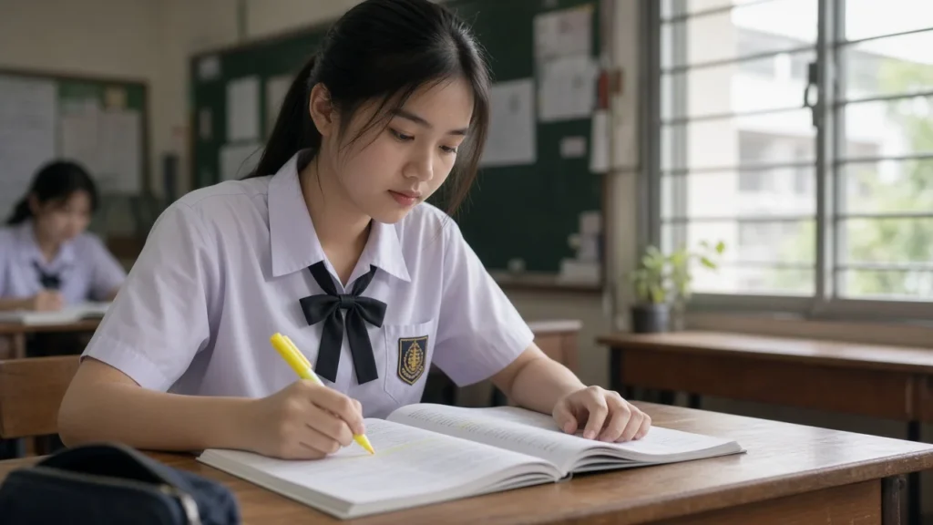 นักเรียนหญิงติว A-Level ภาษาอังกฤษด้วยการอ่านจับใจความ