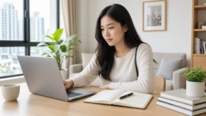 ผู้เรียนกำลังเปรียบเทียบคอร์ส TOEFL ออนไลน์บนแล็ปท็อป
