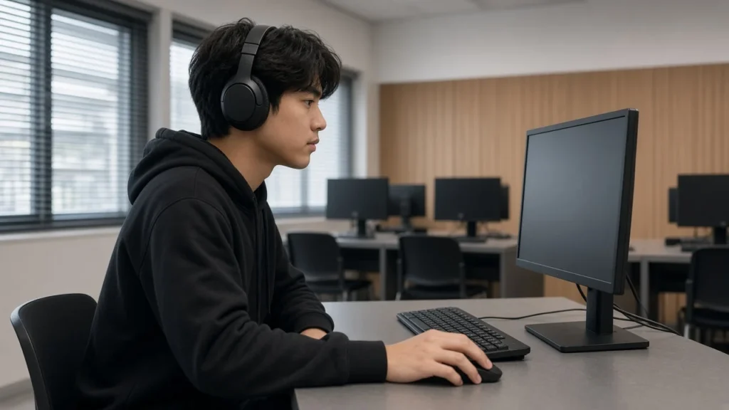 ผู้สอบกำลังทำข้อสอบ TOEFL iBT รูปแบบใหม่บนคอมพิวเตอร์