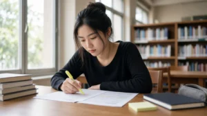 ผู้เรียนเตรียมสอบ CU-TEP ด้วยข้อสอบจำลองในห้องสมุด