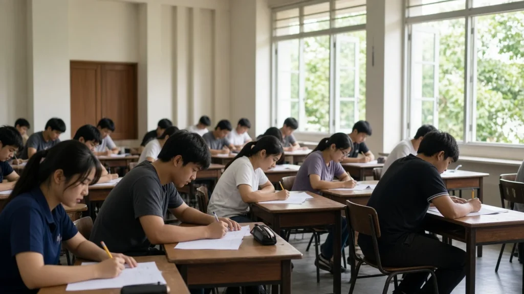 นักศึกษาไทยสอบ TOEFL ITP แบบกระดาษในห้องสอบของมหาวิทยาลัย
