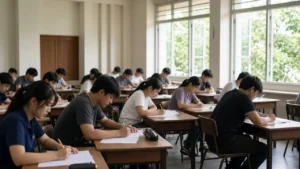 นักศึกษาไทยสอบ TOEFL ITP แบบกระดาษในห้องสอบของมหาวิทยาลัย