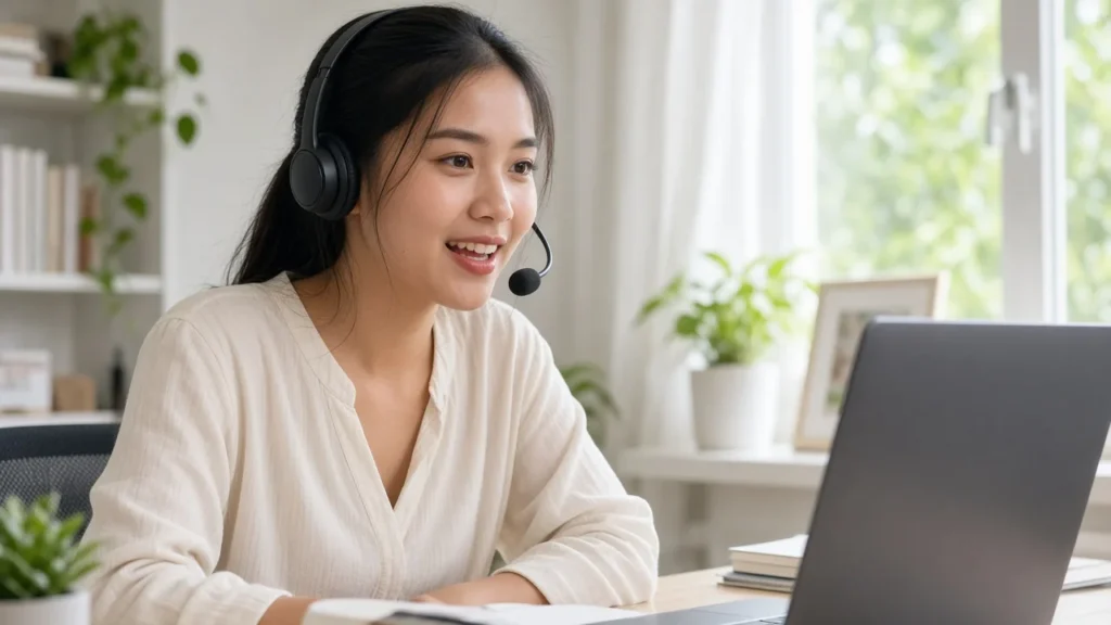 ผู้เรียนฝึก TOEFL Speaking ผ่านไมโครโฟนกับครูออนไลน์