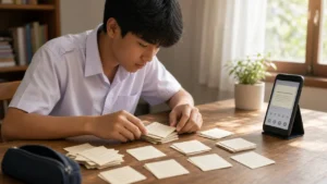นักเรียนจัดบัตรคำศัพท์ภาษาอังกฤษสำหรับทบทวนแบบเว้นระยะ